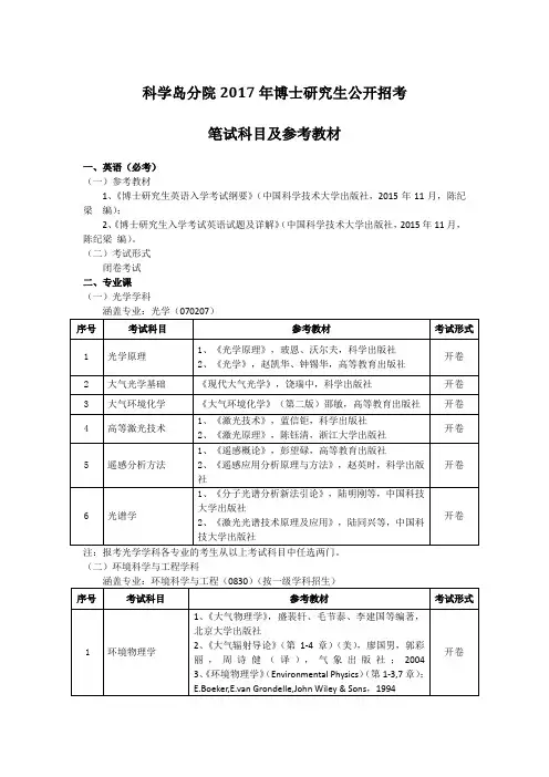 科学岛分院2017年博士研究生公开招考笔试科目和参考教材