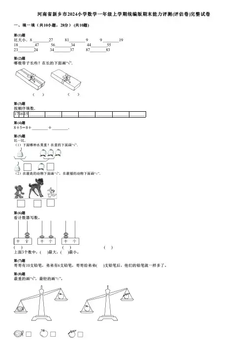 河南省新乡市2024小学数学一年级上学期统编版期末能力评测(评估卷)完整试卷