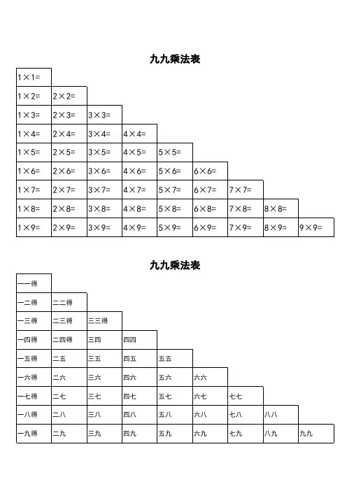九九乘法口诀表99乘法表(打印版)