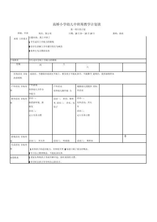中班幼儿园周工作计划表