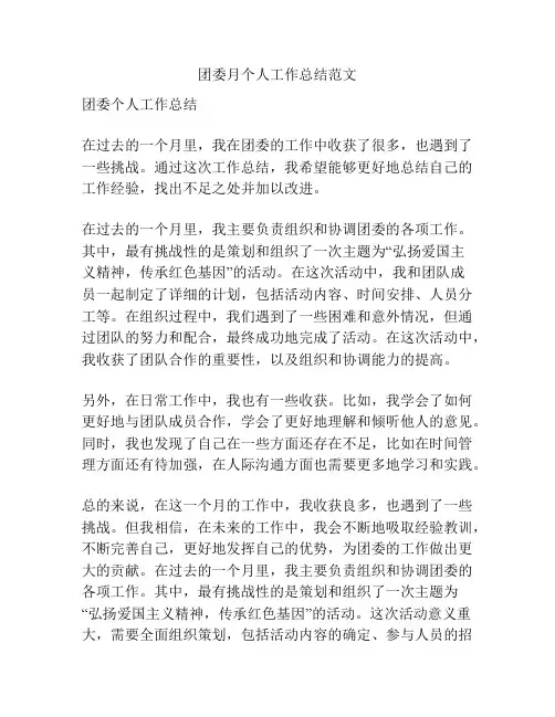 团委月个人工作总结范文