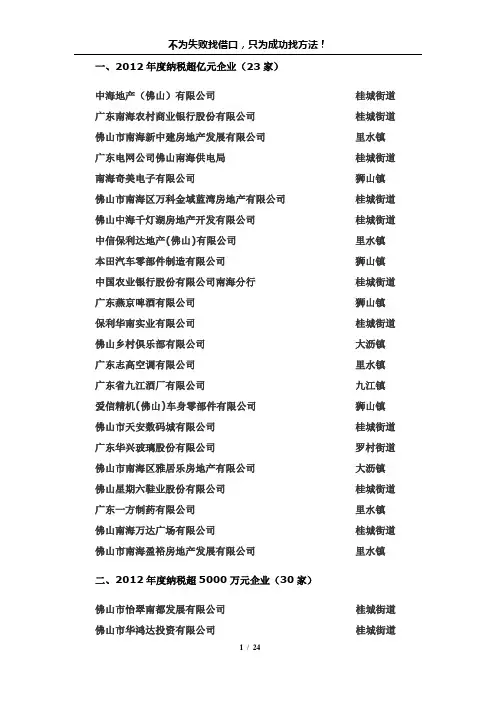 佛山2013年全市纳税大户汇编