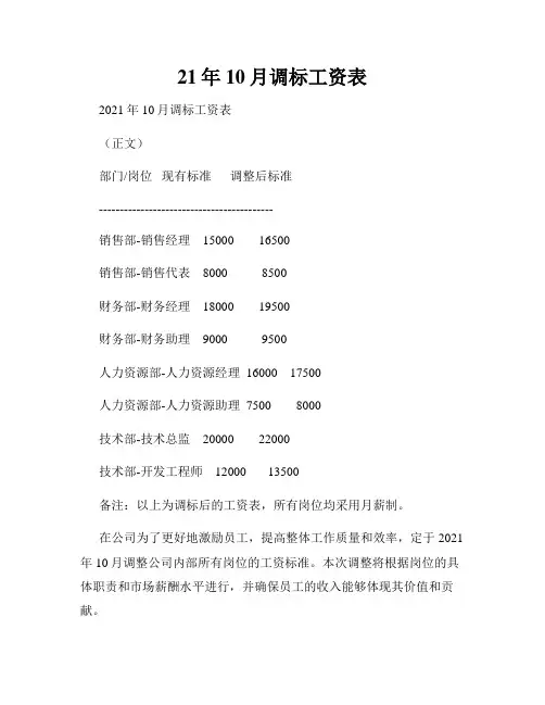 21年10月调标工资表