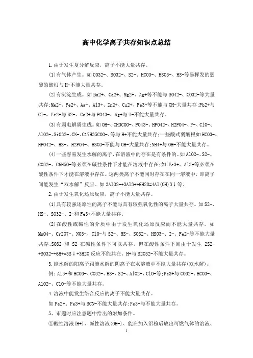 高中化学离子共存知识点总结