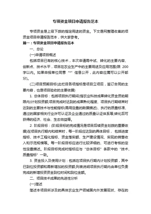 专项资金项目申请报告范本