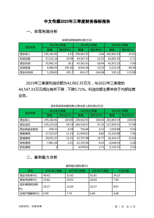 600373中文传媒2023年三季度财务指标报告