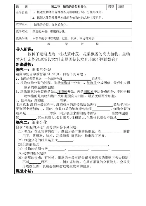细胞的分裂和分化教学案济南版生物七年级上册