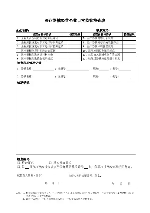 医疗器械经营企业日常监管检查表