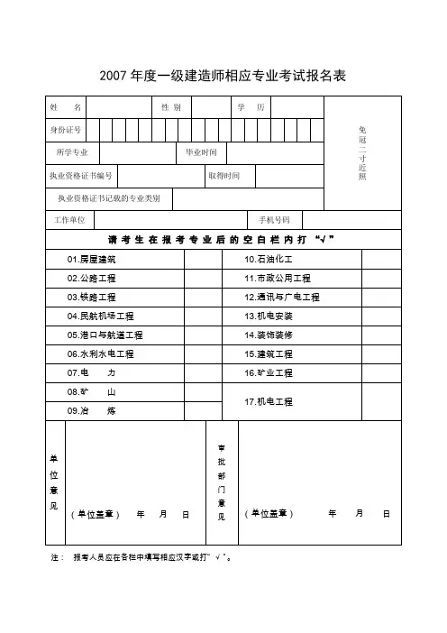 2007年度一级建造师相应专业考试报名表重点