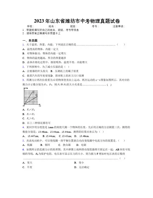 2023年山东省潍坊市中考物理真题试卷及解析