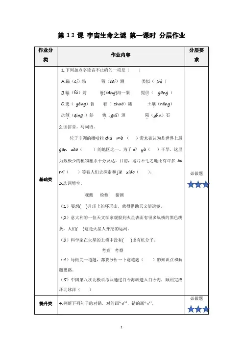 部编六年级上册语文   第11课 宇宙生命之谜  分层作业 有答案