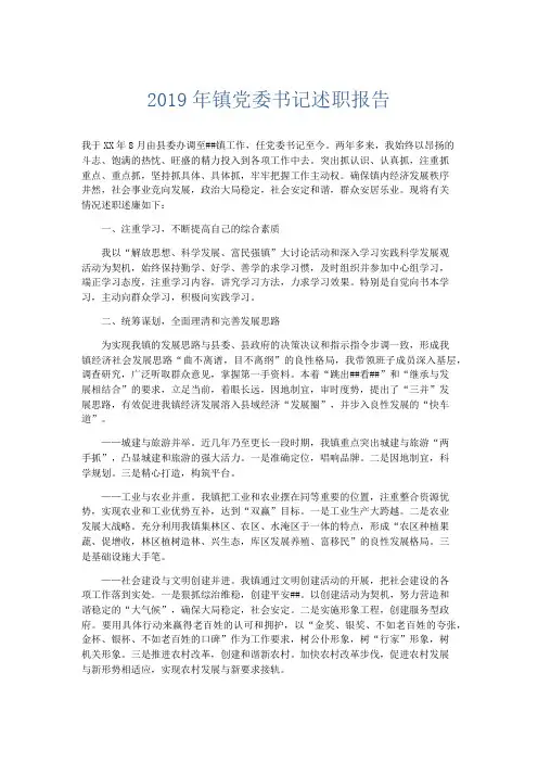 总结报告-2019年镇党委书记述职报告 精品002