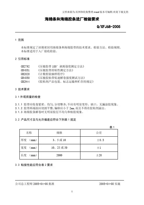 QXFJ682005海绵条和海绵胶条进厂检验要求