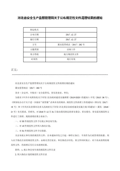 河北省安全生产监督管理局关于公布规范性文件清理结果的通知-冀安监管政法〔2017〕262号