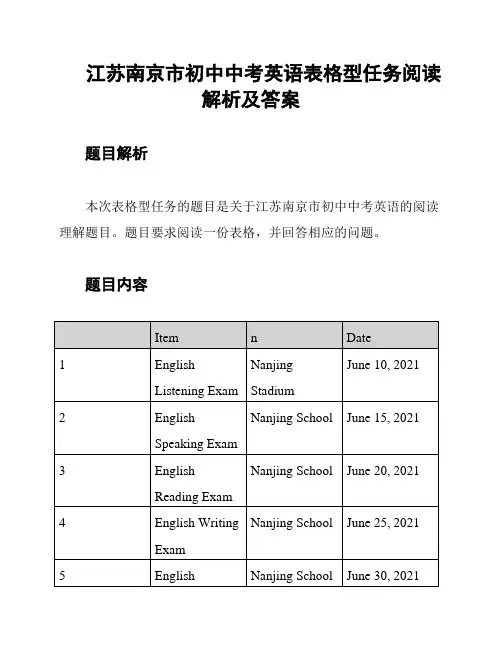 江苏南京市初中中考英语表格型任务阅读解析及答案