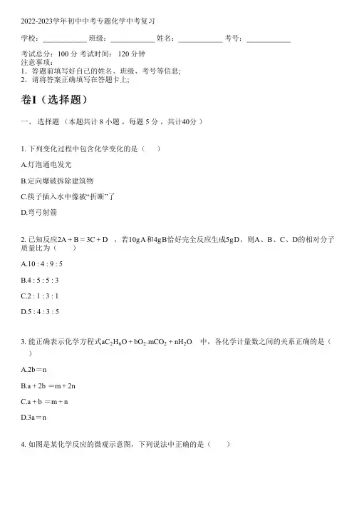 2022-2023学年人教版中考专题化学中考复习(含解析)