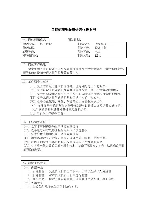 电工大班长岗位说明书