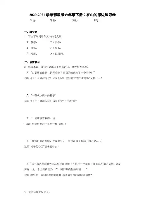 2020-2021学年鄂教版六年级下册7在山的那边练习卷