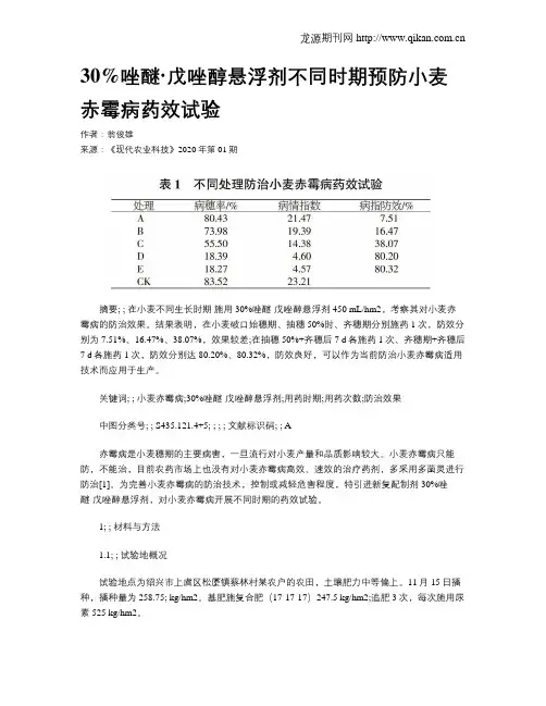 30%唑醚·戊唑醇悬浮剂不同时期预防小麦赤霉病药效试验