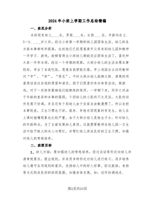 2024年小班上学期工作总结精编（五篇）