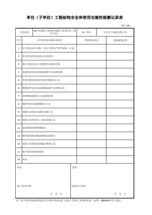 单位(子单位)工程结构安全和使用功能性检测记录表(给水排水管道工程)