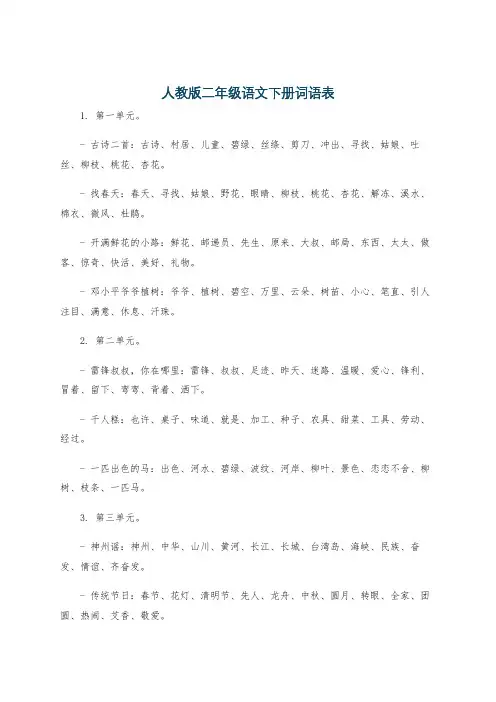 人教版二年级语文下册词语表