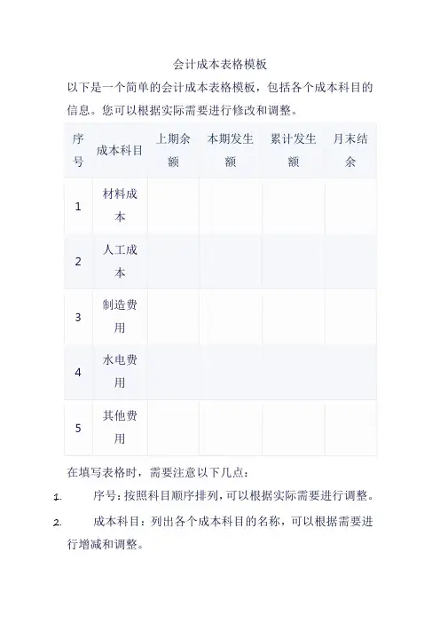 会计成本表格模板