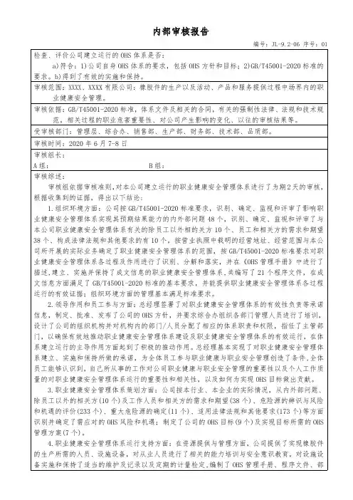 内部审核报告(GBT45001)