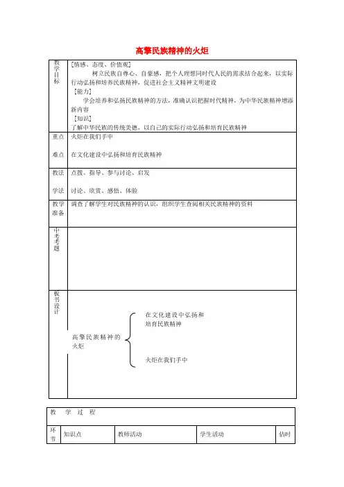 九年级政治全册 第九课 第2框 高擎民族精神火炬教案 鲁教版