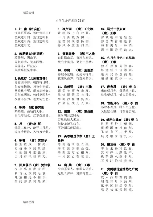 75首小学生必背古诗资料讲解