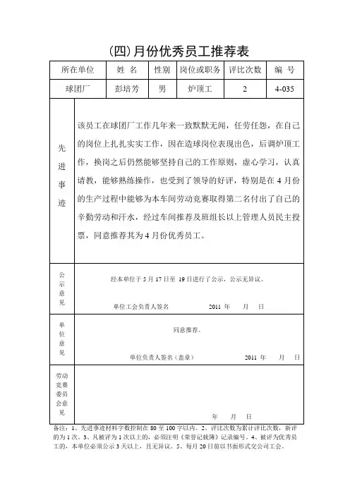 月份优秀员工推荐表
