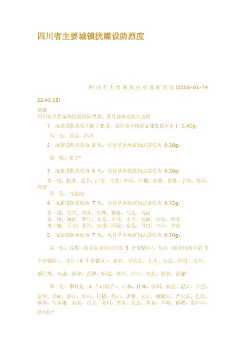四川省主要城镇抗震设防烈度