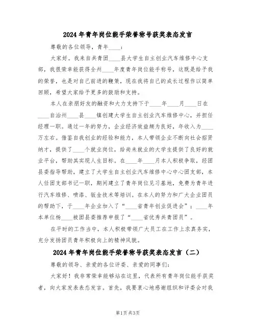 2024年青年岗位能手荣誉称号获奖表态发言(二篇)