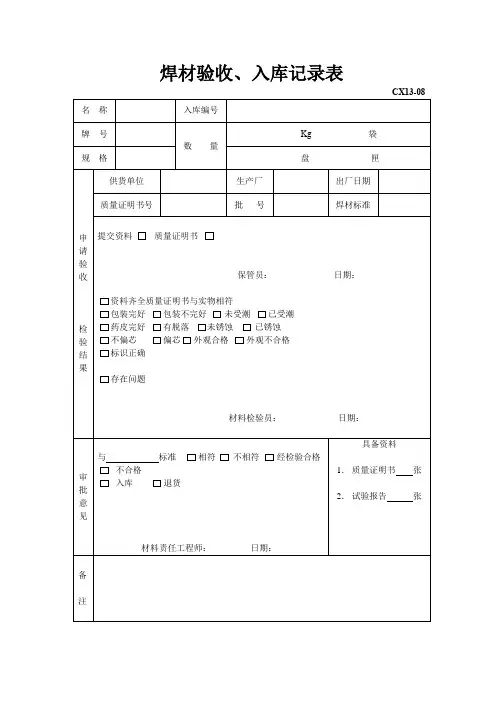 焊材验收、入库记录表