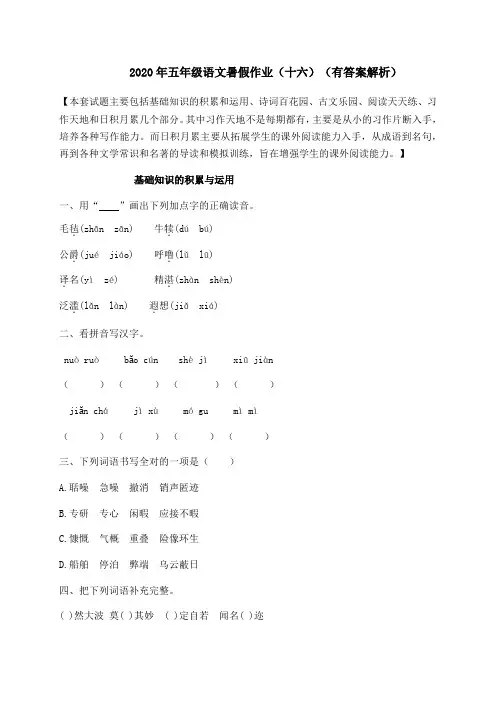 2020年精品五升六语文暑假作业(十六)-人教部编版