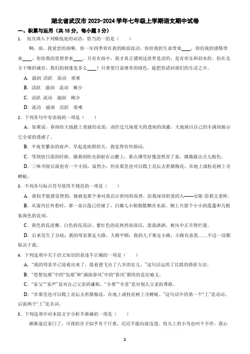 湖北省武汉市2023-2024学年七年级上学期语文期中考试试卷(含答案)