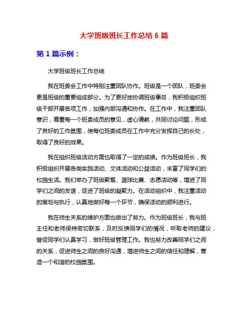 大学班级班长工作总结6篇
