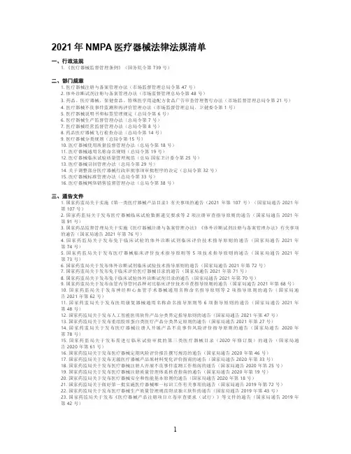 2021年NMPA医疗器械法律法规清单