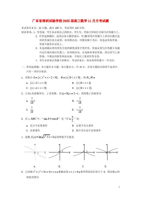广东省深圳实验学校2025届高三数学11月月考试题