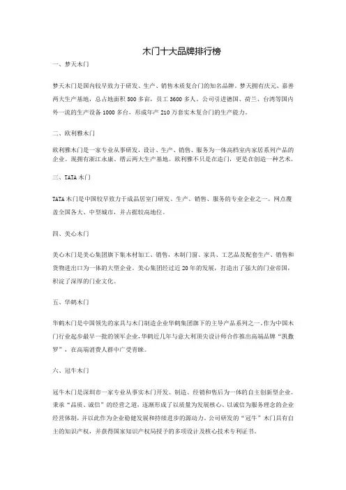 木门十大品牌排名榜