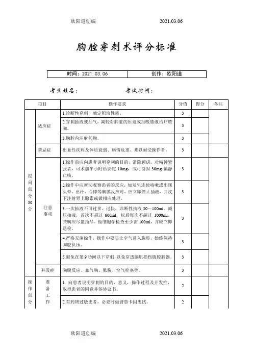 四大穿刺术评分标准之欧阳道创编之欧阳道创编
