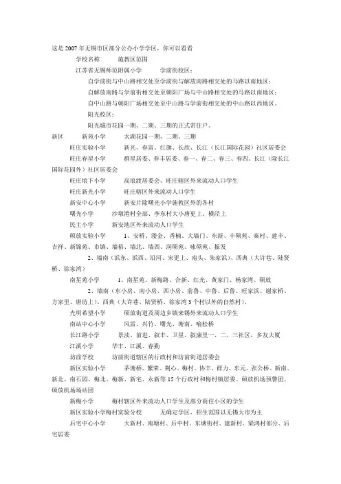 2007年无锡市区部分公办小学学区