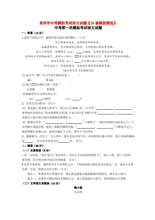 泉州市中考模拟考试语文试题【10套模拟精选】