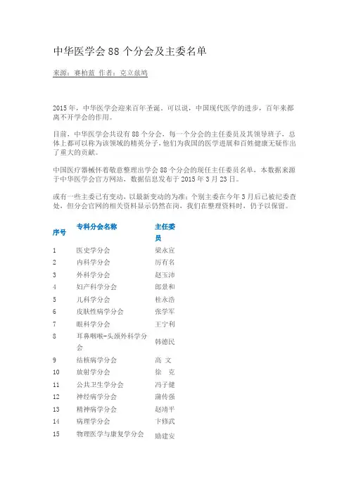 中华医学会88个分会及主委名单