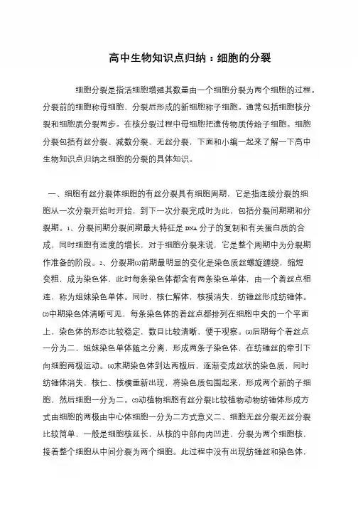 高中生物知识点归纳：细胞的分裂