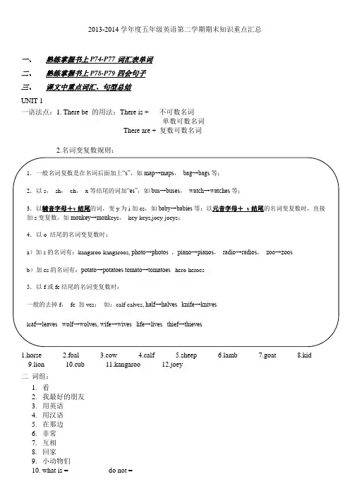 五年级下册UNIT1+UNIT2知识汇总五下