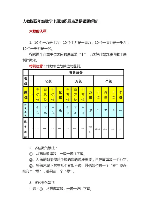 人教版四年级数学上册知识要点及易错题解析