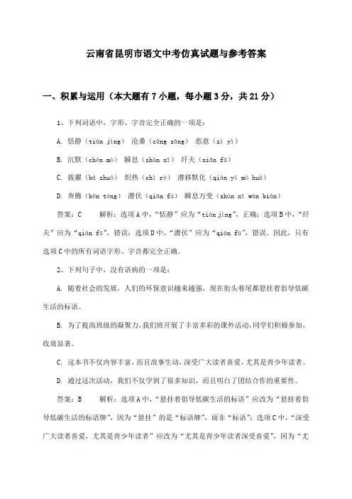 云南省昆明市语文中考仿真试题与参考答案