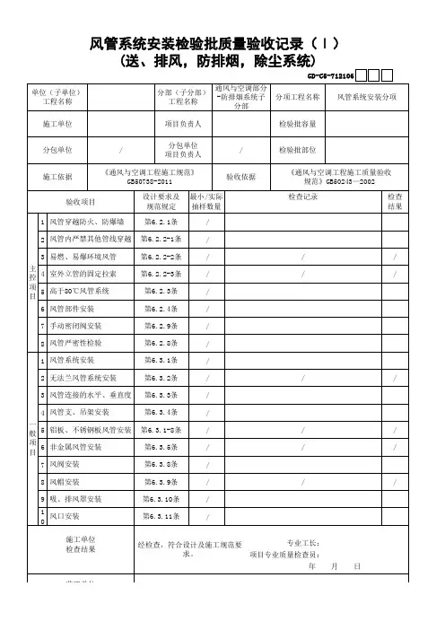 风管系统安装检验批质量验收记录(Ⅰ)(送、排风、防排烟、除尘系统)1