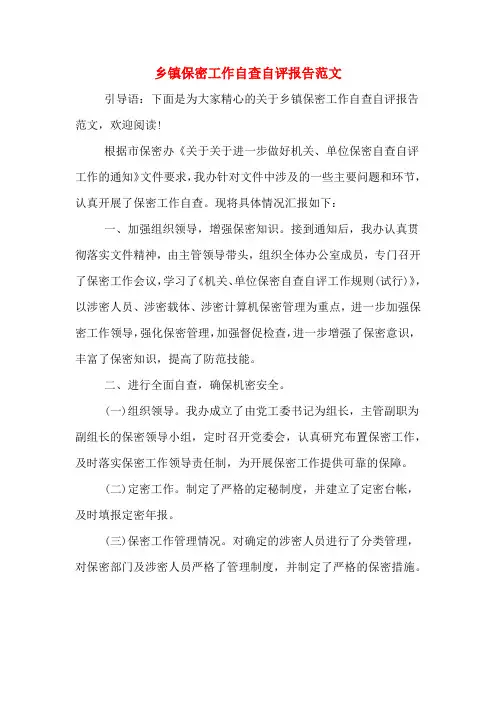 乡镇保密工作自查自评报告范文